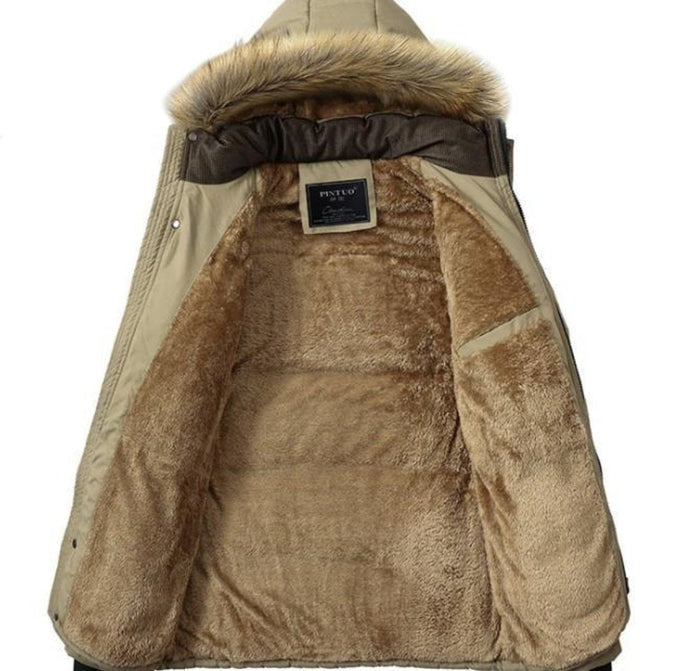 Blue Hooded Winter Coat for Men: dark navy blue, brown hooded puffer jacket, winter outerwear style