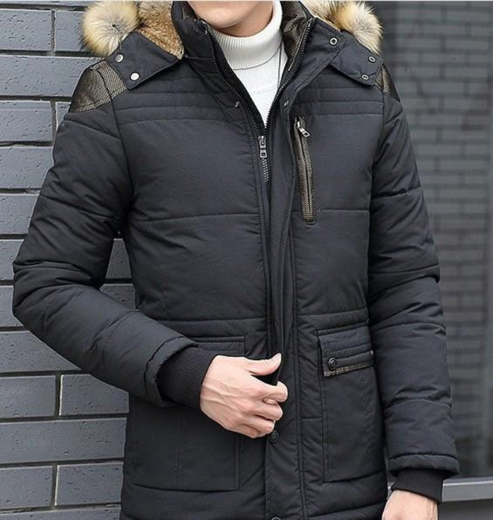Blue Hooded Winter Coat for Men: dark navy blue, brown hooded puffer jacket, winter outerwear style