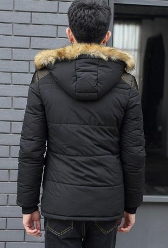 Blue Hooded Winter Coat for Men: dark navy blue, brown hooded puffer jacket, winter outerwear style