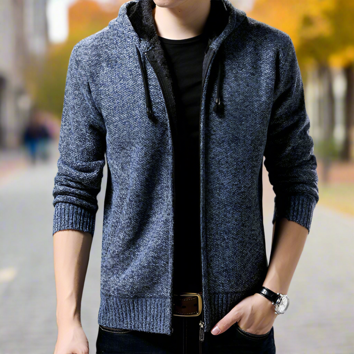 Blue Hooded Zip-Up Jacket for Men: heather dark gray, black zip-up hooded sweater, casual minimal style
