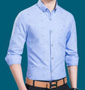 Blue Long Sleeve Slim-Fit Men's Shirt: light blue, white button-down shirt, casual patterned style