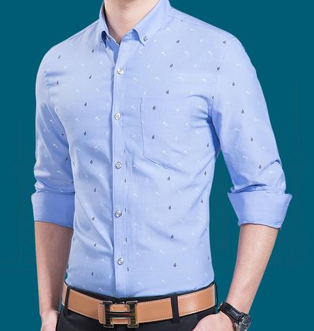 Blue Long Sleeve Slim-Fit Men's Shirt: light blue, white button-down shirt, casual patterned style