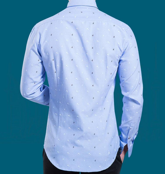 Blue Long Sleeve Slim-Fit Men's Shirt: light blue, white button-down shirt, casual patterned style