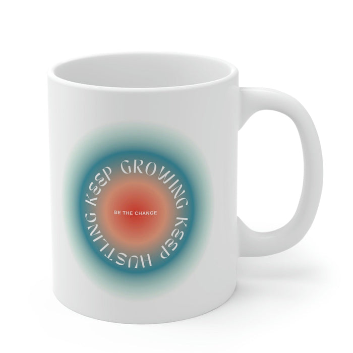Blue Mug for Persistent Hustlers and Growth-Seekers: white, teal handled mug, minimal motivational graphic style