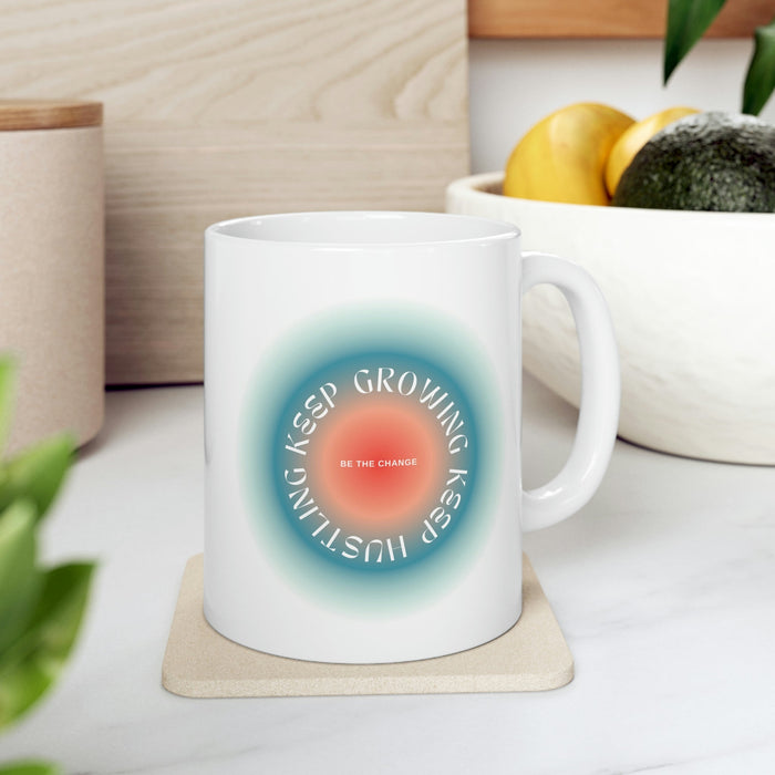 Blue Mug for Persistent Hustlers and Growth-Seekers: white, teal handled mug, minimal motivational graphic style