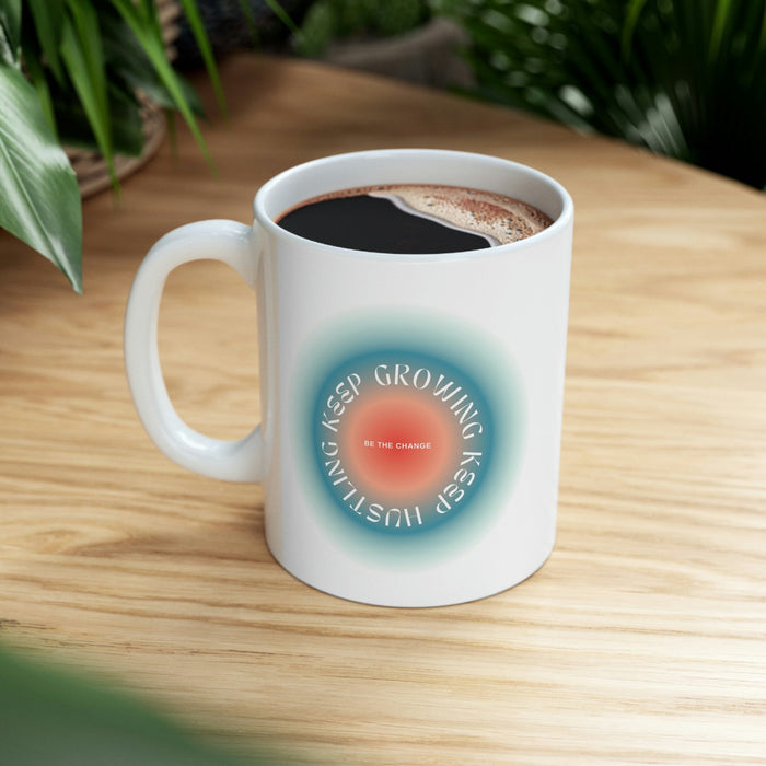 Blue Mug for Persistent Hustlers and Growth-Seekers: white, teal handled mug, minimal motivational graphic style