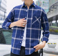 Blue Plaid Button Front Long Sleeve Men's Casual Shirt: navy blue, white button-up shirt, casual plaid style