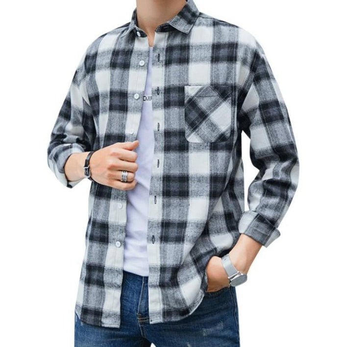 Blue Plaid Button Front Long Sleeve Men's Casual Shirt: navy blue, white button-up shirt, casual plaid style