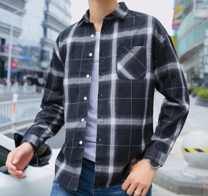 Blue Plaid Button Front Long Sleeve Men's Casual Shirt: navy blue, white button-up shirt, casual plaid style