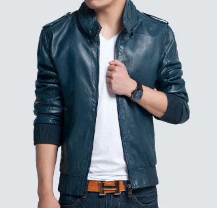 Blue Vegan Leather Men's Jacket: dark teal-blue, black jacket, minimal casual biker-inspired style