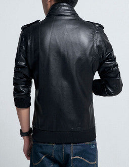 Blue Vegan Leather Men's Jacket: dark teal-blue, black jacket, minimal casual biker-inspired style