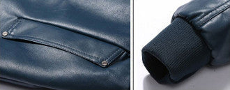 Blue Vegan Leather Men's Jacket: dark teal-blue, black jacket, minimal casual biker-inspired style