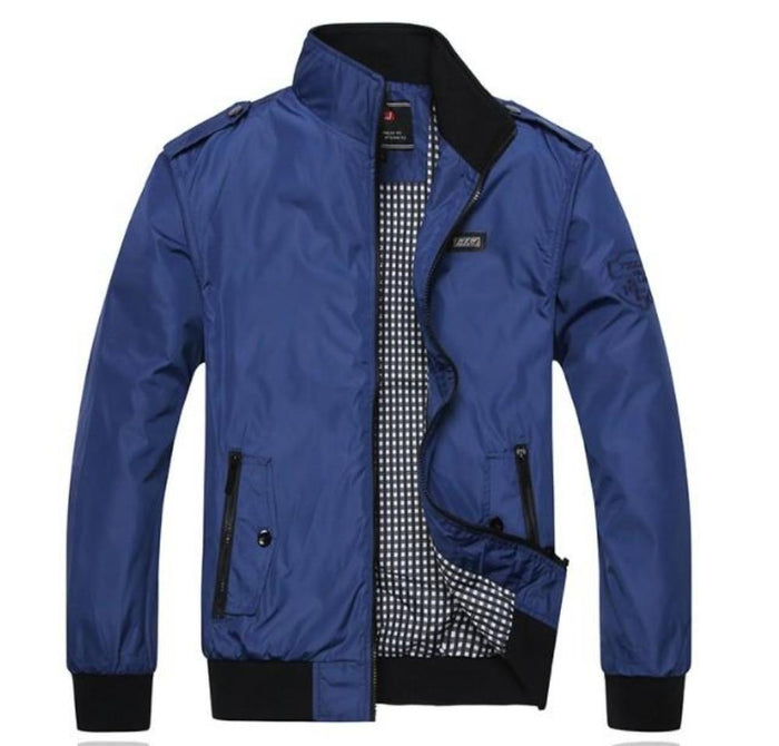 Blue Zip-Up Stand Collar Jacket for Men: royal blue, black zip-up jacket, casual sporty style