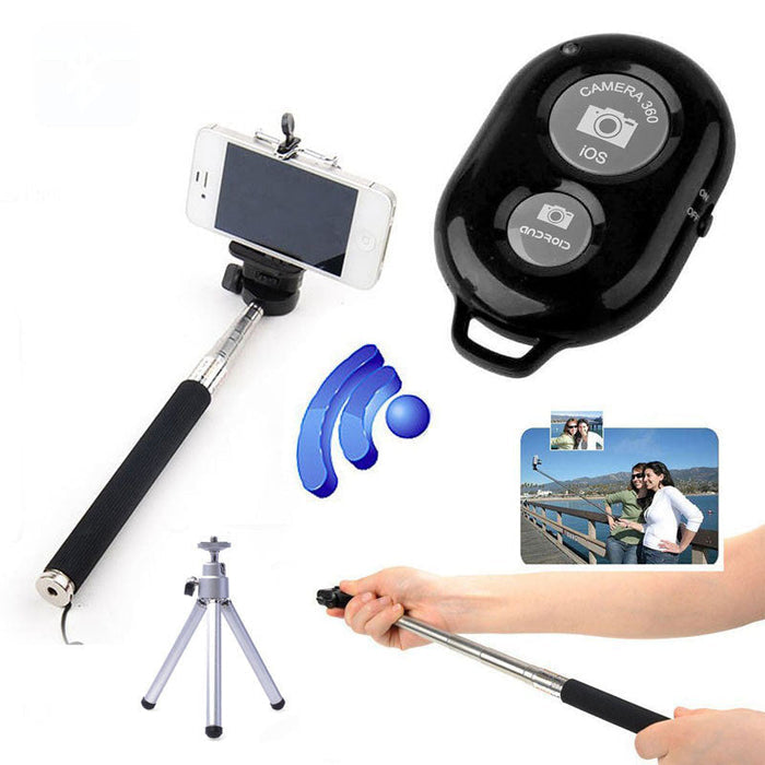 Bluetooth Handheld Camera Monopod: black, silver wireless camera shutter remote with selfie stick and mini tripod, minimal te