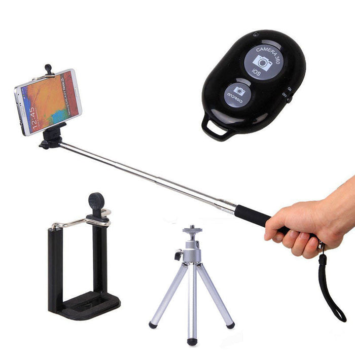 Bluetooth Handheld Camera Monopod: black, silver wireless camera shutter remote with selfie stick and mini tripod, minimal te
