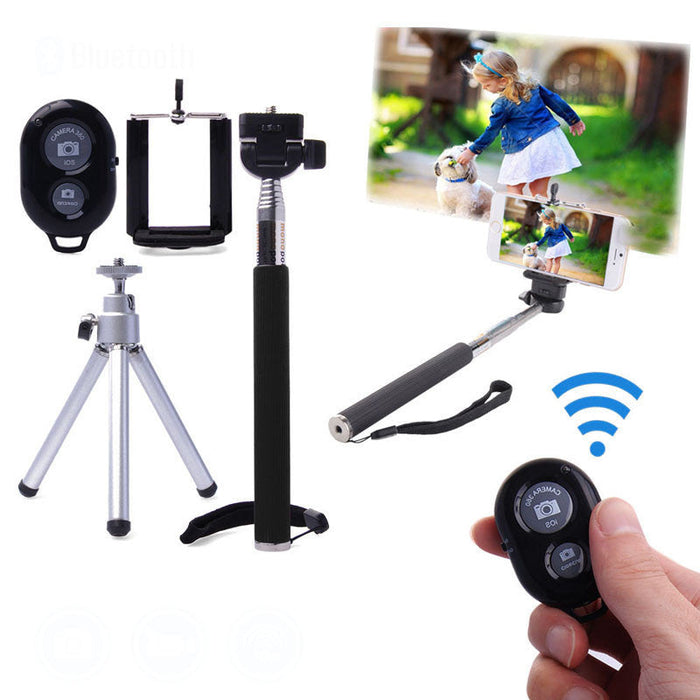 Bluetooth Handheld Camera Monopod: black, silver wireless camera shutter remote with selfie stick and mini tripod, minimal te