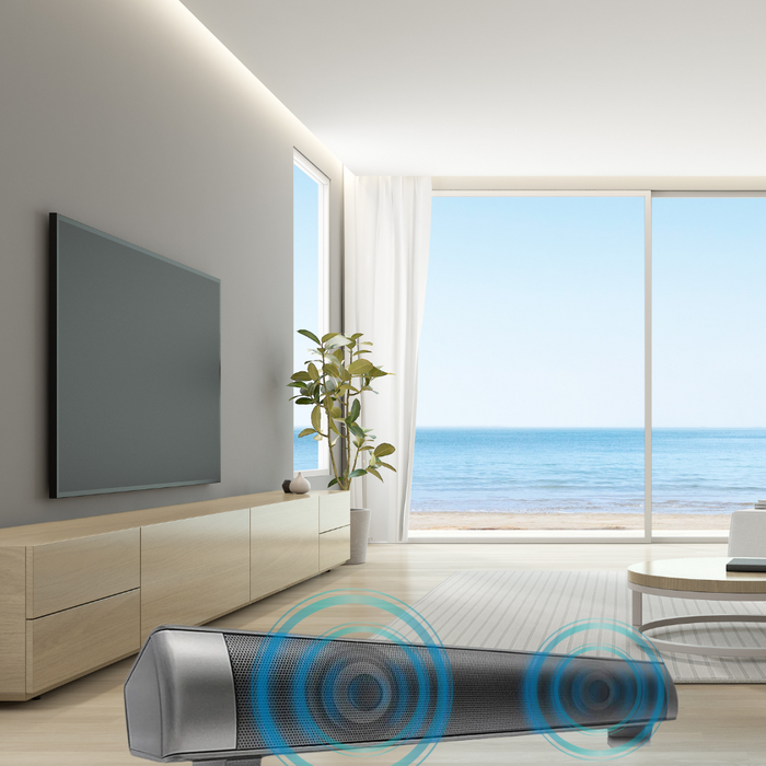 Bluetooth Speaker with Wireless Subwoofer for Stereo Sound: black, dark gray soundbar speaker, minimal modern style