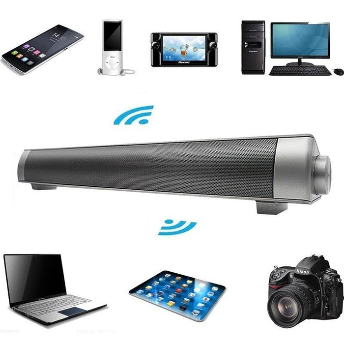 Bluetooth Speaker with Wireless Subwoofer for Stereo Sound: black, dark gray soundbar speaker, minimal modern style