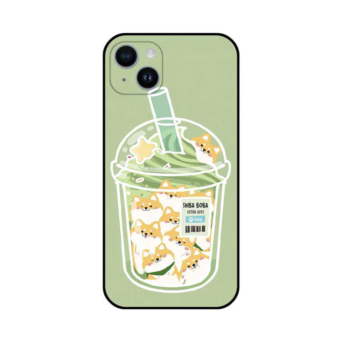 Boba Animal Phone Cases with Customizable Cutouts: light green, white Shiba Inu dogs in a drink cup illustration, kawaii cart