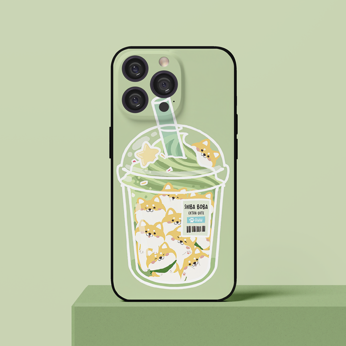 Boba Animal Phone Cases with Customizable Cutouts: light green, white Shiba Inu dogs in a drink cup illustration, kawaii cart