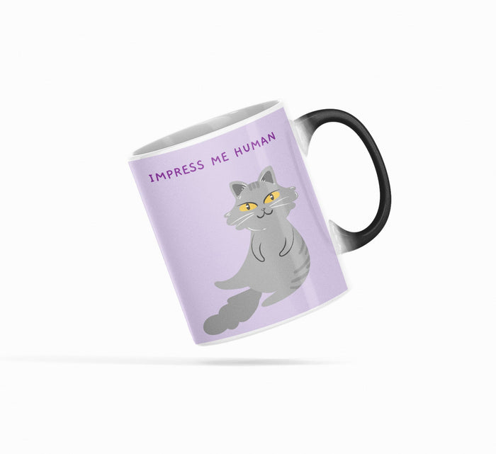 Bossy Feline Theme Thermochromic Color Changing Mug: lavender, gray gray cartoon cat