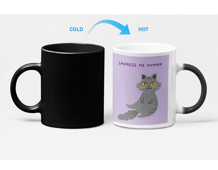Bossy Feline Theme Thermochromic Color Changing Mug: lavender, gray gray cartoon cat