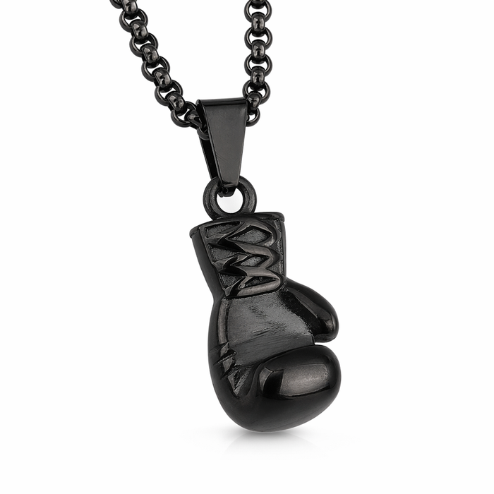 Boxing Glove Charm Necklace in Silver Finish Black