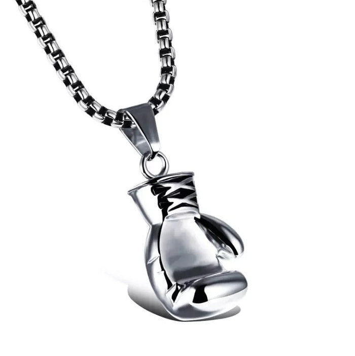 Boxing Glove Charm Necklace in Silver Finish: silver, black boxing glove, minimal style