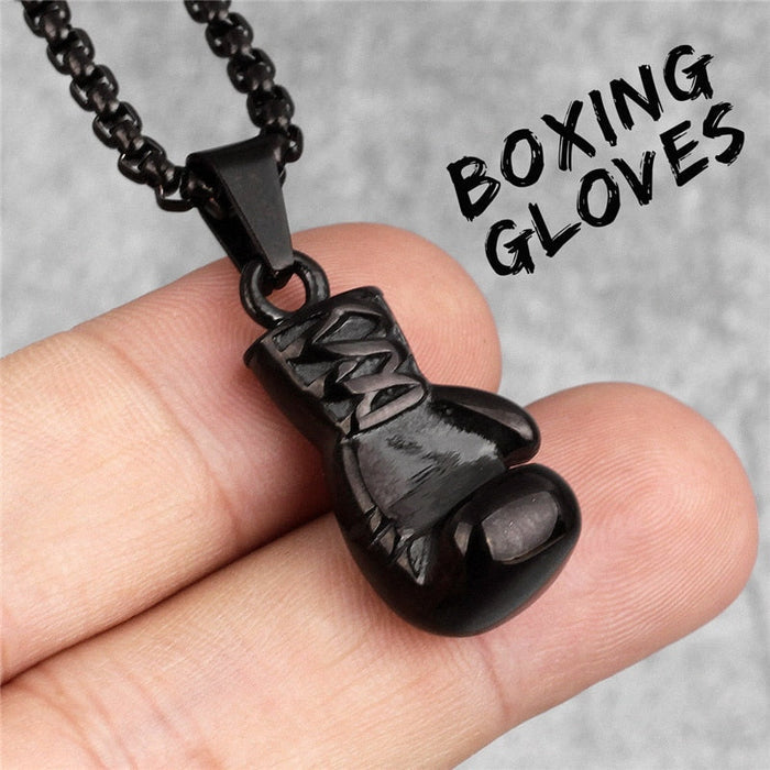 Boxing Glove Charm Necklace in Silver Finish: silver, black boxing glove, minimal style