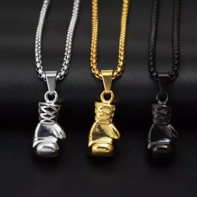 Boxing Glove Charm Necklace in Silver Finish: silver, black boxing glove, minimal style