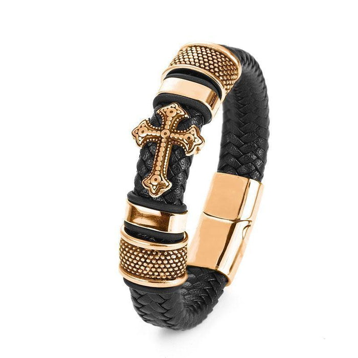 Braided Charm Bracelet Made from Vegan Leather: black, gold cross, ornate religious-inspired style