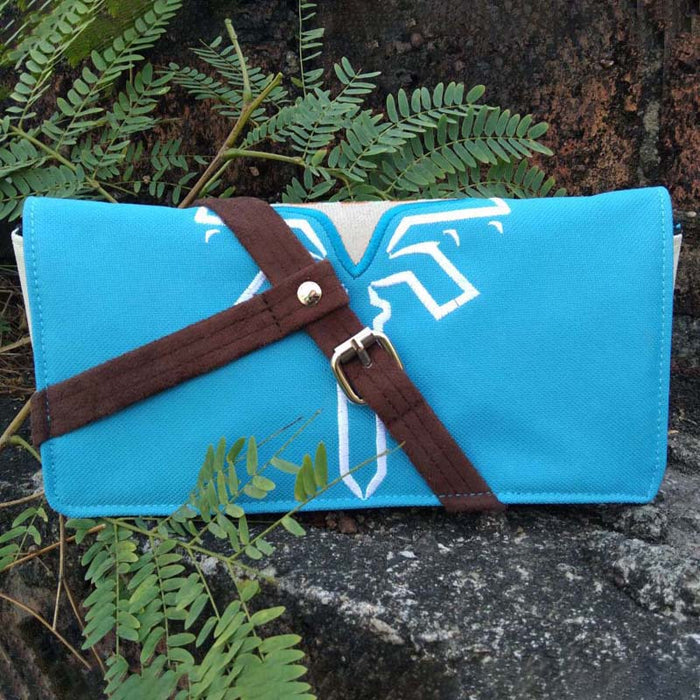 Breath of the Wild Link Switch Storage Bag: bright blue, dark brown small clutch or pouch, minimal graphic style