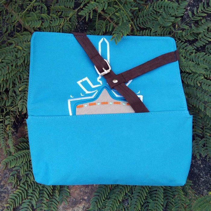 Breath of the Wild Link Switch Storage Bag: bright blue, dark brown small clutch or pouch, minimal graphic style