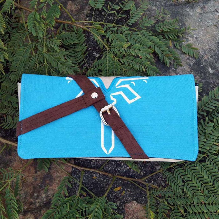 Breath of the Wild Link Switch Storage Bag: bright blue, dark brown small clutch or pouch, minimal graphic style