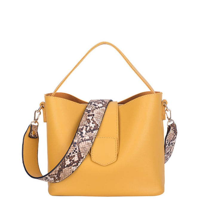Bucket Bag with Wide Shoulder Strap for Women made of Vegan Leather: mustard yellow, brown handbag, modern style