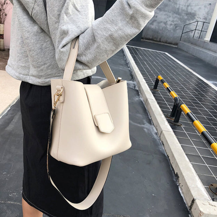 Bucket Bag with Wide Shoulder Strap for Women made of Vegan Leather: mustard yellow, brown handbag, modern style