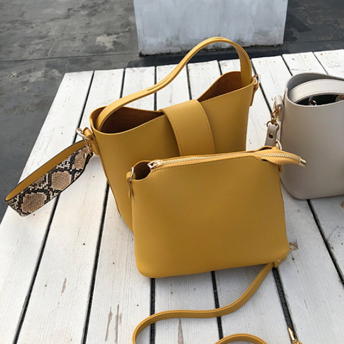 Bucket Bag with Wide Shoulder Strap for Women made of Vegan Leather: mustard yellow, brown handbag, modern style