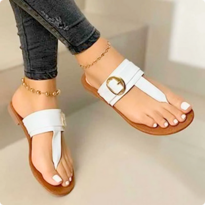Buckled Women's Flip-Flops: white, tan sandals, minimal casual style