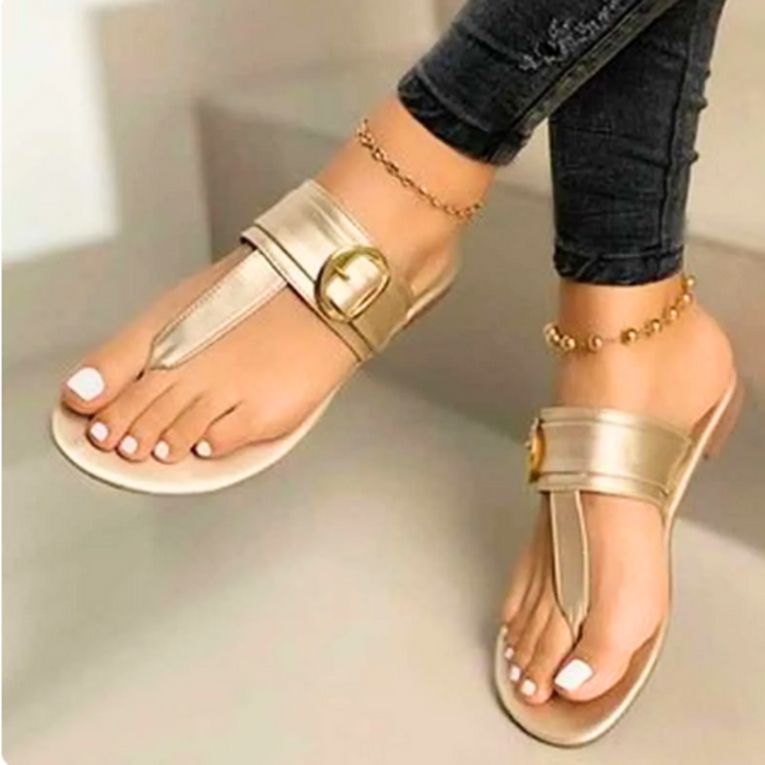 Buckled Women's Flip-Flops: white, tan sandals, minimal casual style