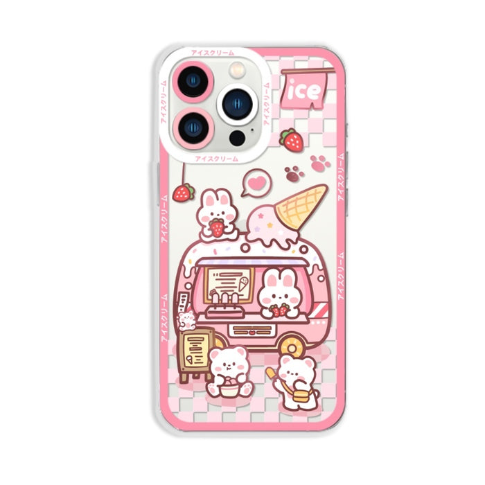 Bunny iPhone Case: Durable, Sleek Protection: pink, white cartoon rabbits and ice cream truck theme, kawaii cartoon style