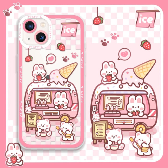 Bunny iPhone Case: Durable, Sleek Protection: pink, white cartoon rabbits and ice cream truck theme, kawaii cartoon style