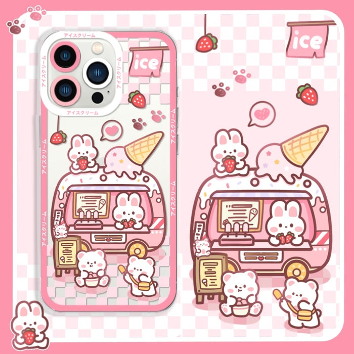 Bunny iPhone Case: Durable, Sleek Protection: pink, white cartoon rabbits and ice cream truck theme, kawaii cartoon style