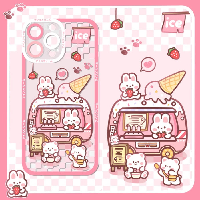 Bunny iPhone Case: Durable, Sleek Protection: pink, white cartoon rabbits and ice cream truck theme, kawaii cartoon style