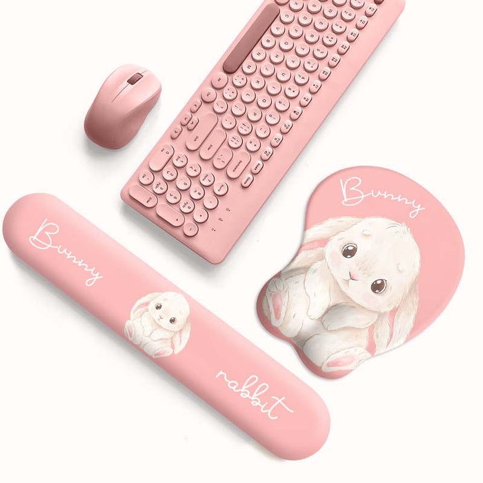 Bunny Mouse Pad & Keyboard Wrist Rest: pastel pink, white bunny, kawaii, cartoon style