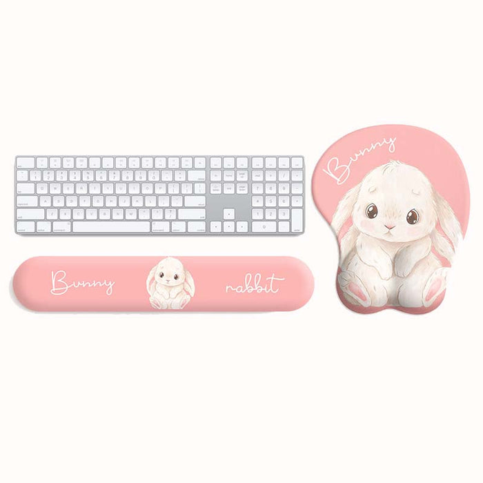 Bunny Mouse Pad & Keyboard Wrist Rest: pastel pink, white bunny, kawaii, cartoon style