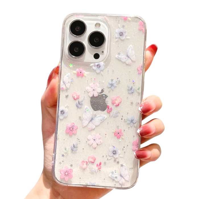 Butterfly Clear Glitter iPhone Case: clear, transparent floral and butterfly theme, kawaii style