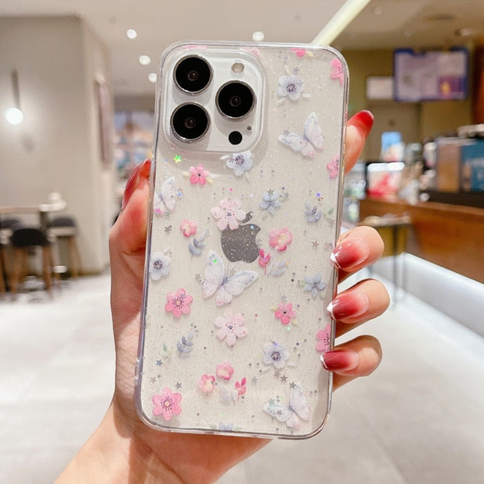 Butterfly Clear Glitter iPhone Case: clear, transparent floral and butterfly theme, kawaii style