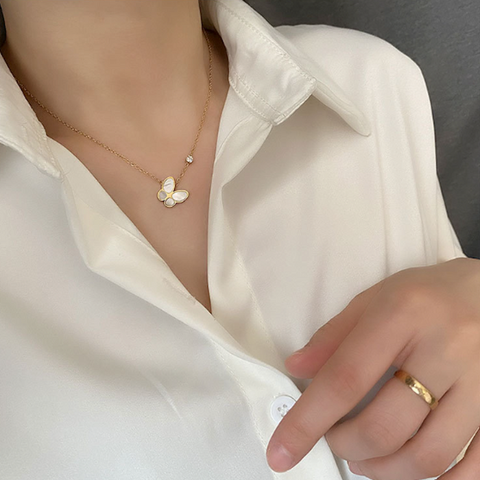 Butterfly Pendant Necklace for Women: gold, white butterfly, delicate, minimal, feminine style