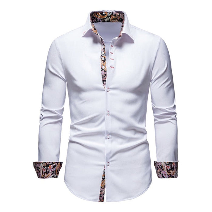 Button-Down Men's Shirt with Botanical Accents: white, multicolor floral/paisley print long-sleeve button-up shirt, dressy pa