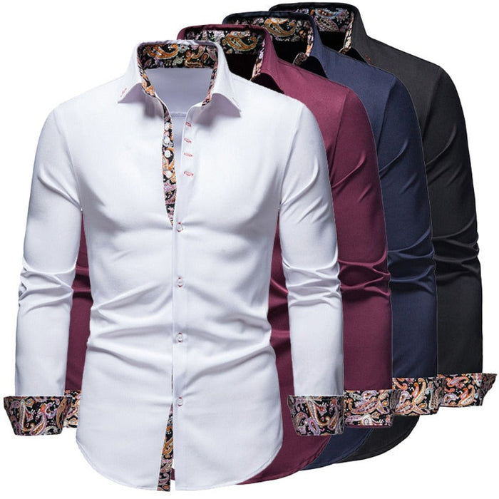 Button-Down Men's Shirt with Botanical Accents: white, multicolor floral/paisley print long-sleeve button-up shirt, dressy pa